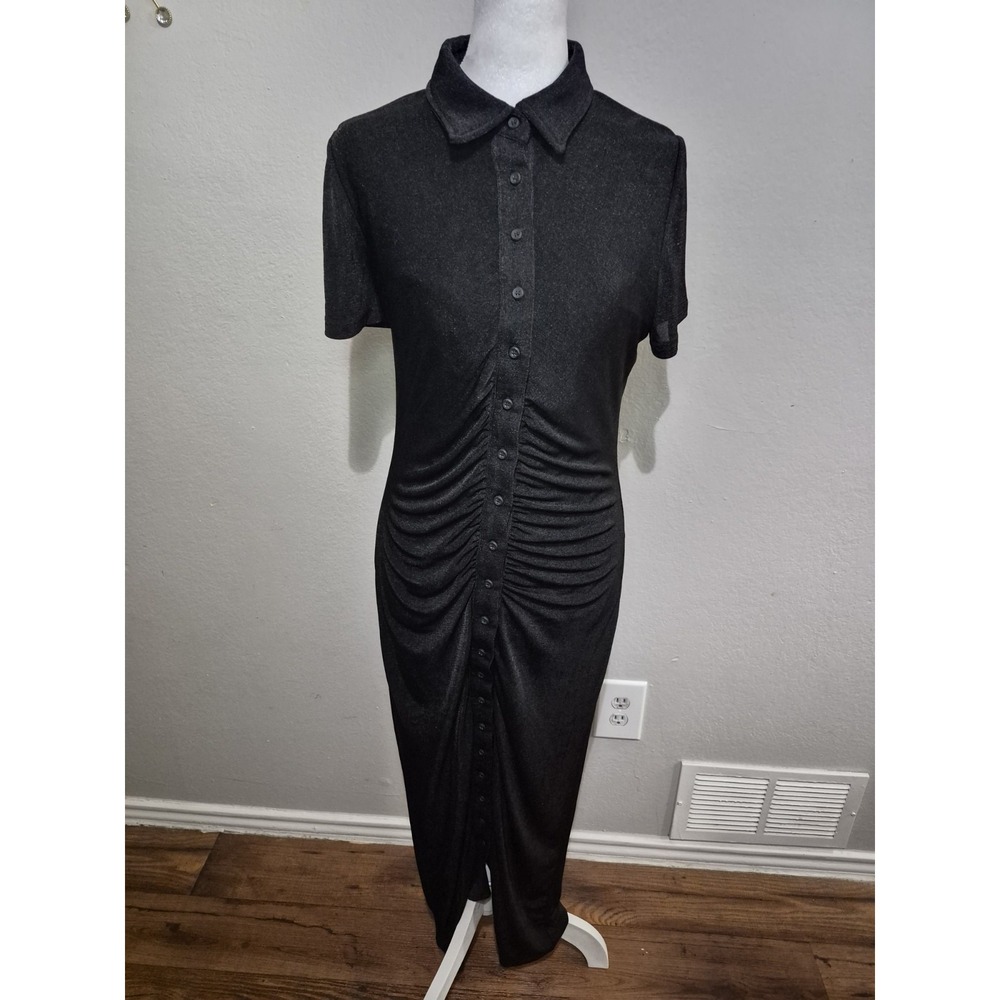 Fashion Nova Ruched Maxi Dress Sz XL Black Short Sleeve Button-Down‎ Whimsigoth
